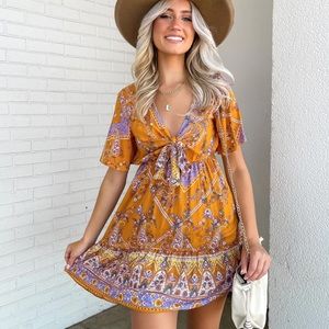 70’s Retro Boho Orange Printed Dress Boho Mini Dress
